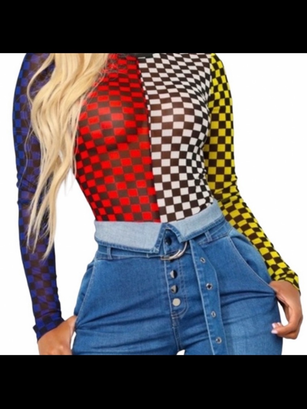 Fashion Nova Multicolor Checkerboard Long Sleeve Bodysuit - Red, Blue, Yellow